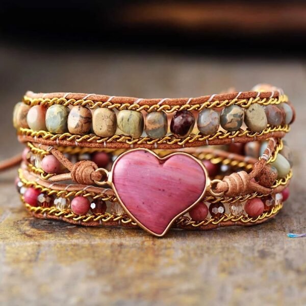 Love Heart Red Wood Grain Natural Stone Multilayer Hand-Woven Bracelet