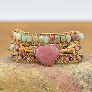 Love Heart Red Wood Grain Natural Stone Multilayer Hand-Woven Bracelet