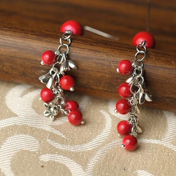 Ethnic Style Red Pearl Seedling Silver Beaded Drop Earrings