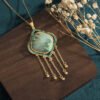 Chinese Style Enamel Bamboo Leaf Square Pendant Necklace