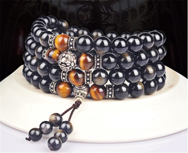 Tibetan Style Natural Gold Obsidian 108 Buddha Beads Bracelet with Tibetan Silver Beads