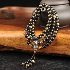 Tibetan Style Natural Gold Obsidian 108 Buddha Beads Bracelet with Tibetan Silver Beads