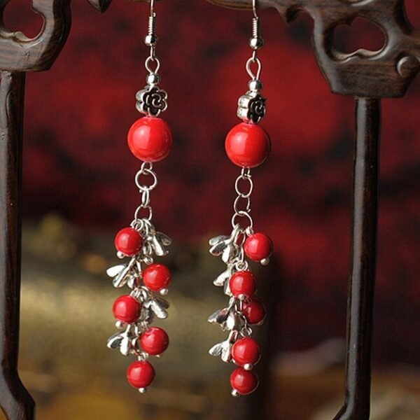 Ethnic Style Red Pearl Seedling Silver Beaded Drop Earrings
