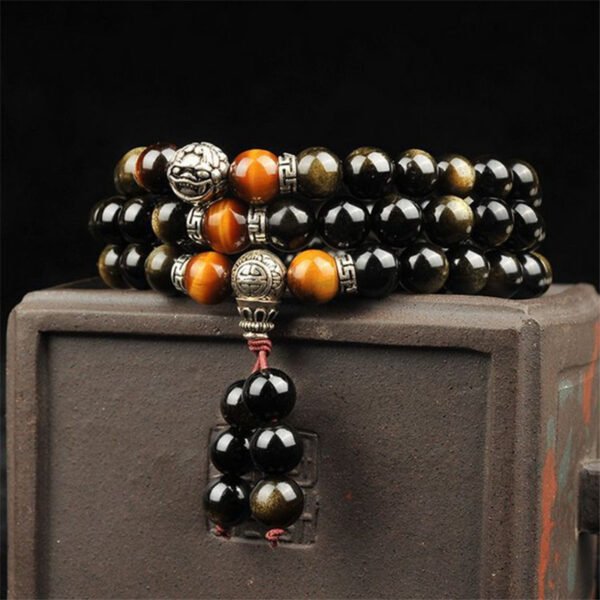 Tibetan Style Natural Gold Obsidian 108 Buddha Beads Bracelet with Tibetan Silver Beads