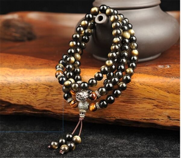 Tibetan Style Natural Gold Obsidian 108 Buddha Beads Bracelet with Tibetan Silver Beads