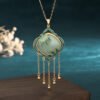Chinese Style Enamel Bamboo Leaf Square Pendant Necklace