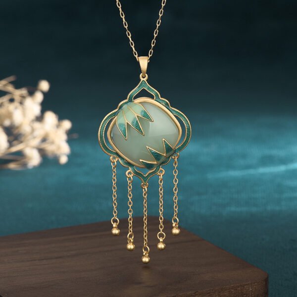 Chinese Style Enamel Bamboo Leaf Square Pendant Necklace